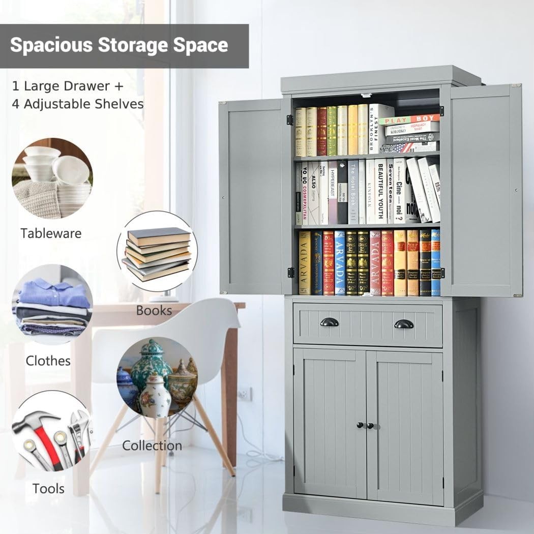 Grey Tall Kitchen Cupboard 183cm Pantry Storage Cabinet AdjustableUnit