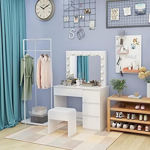 Hollywood Vanity Dressing Table with LED Bulb Mirror & Stool, 5 Drawers