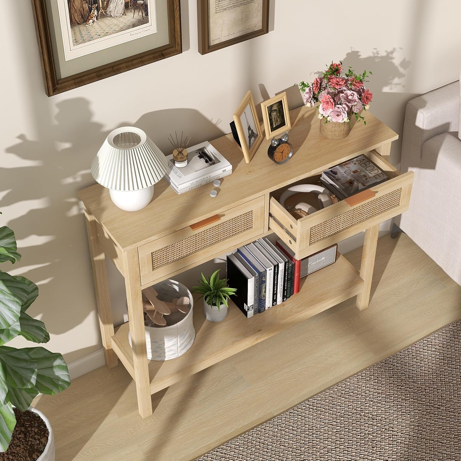 Boho Rattan Console Table with Drawers & Open Shelf, Rustic Entryway