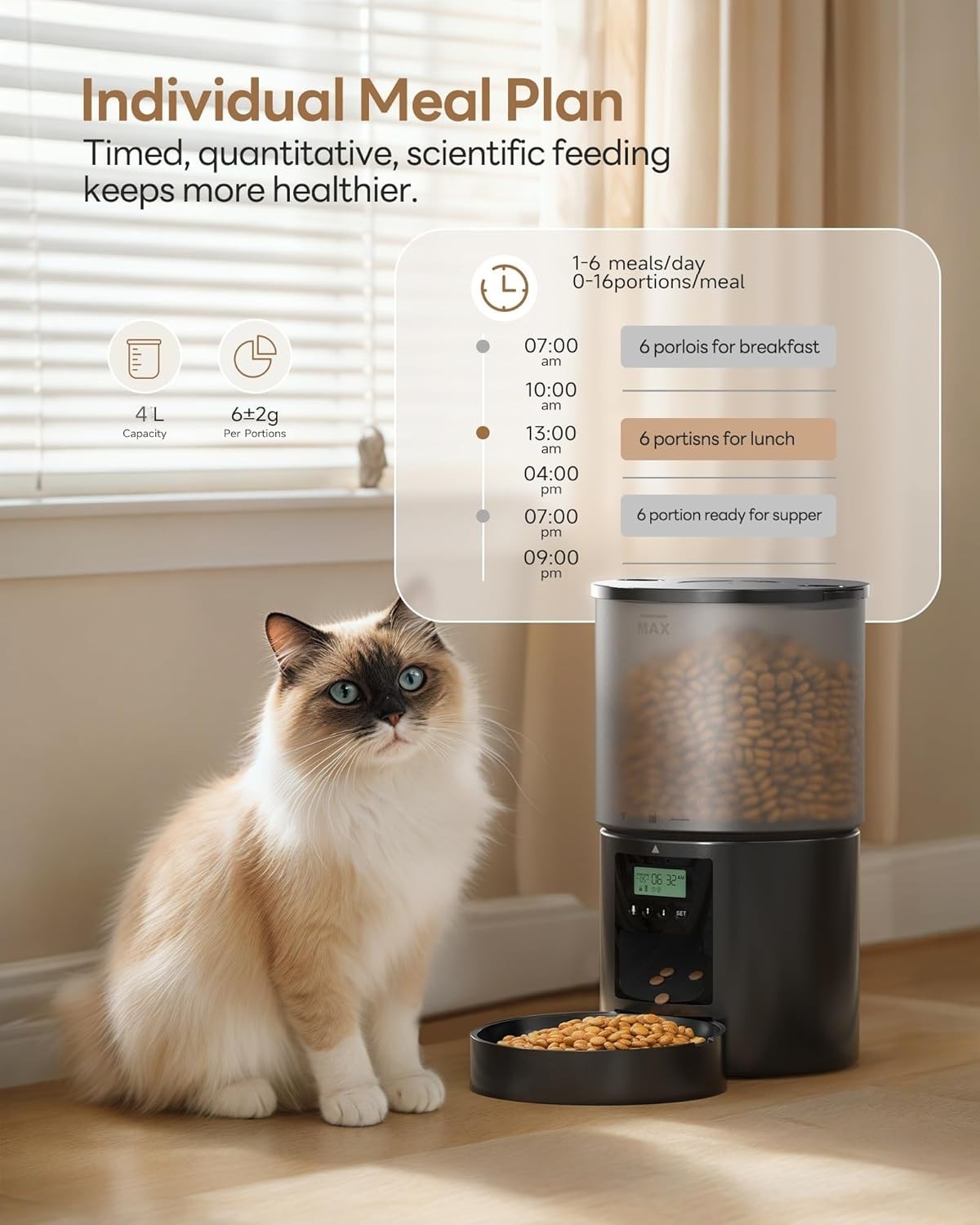 Automatic Cat Feeder 4L Timer Food Dispenser 6 Meal Voice Recorder Lock