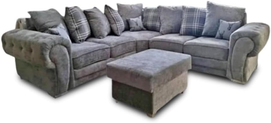 Grey Verona Chesterfield Corner Sofa w/ Footstool – 5 Seater Scatter Back