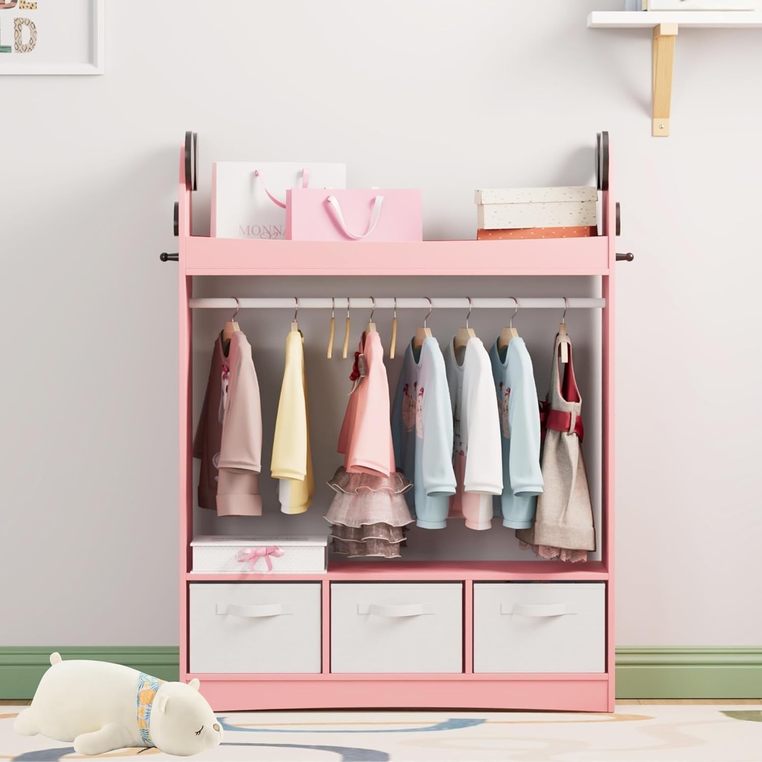 Kids Wardrobe with Mirror & 3 Drawers, Pink Panda Design, Storage & Hanging Rail