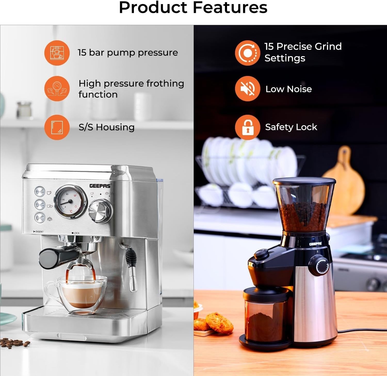 Espresso Machine 15 Bar with Milk Frother & Burr Grinder | 1.8L Tank