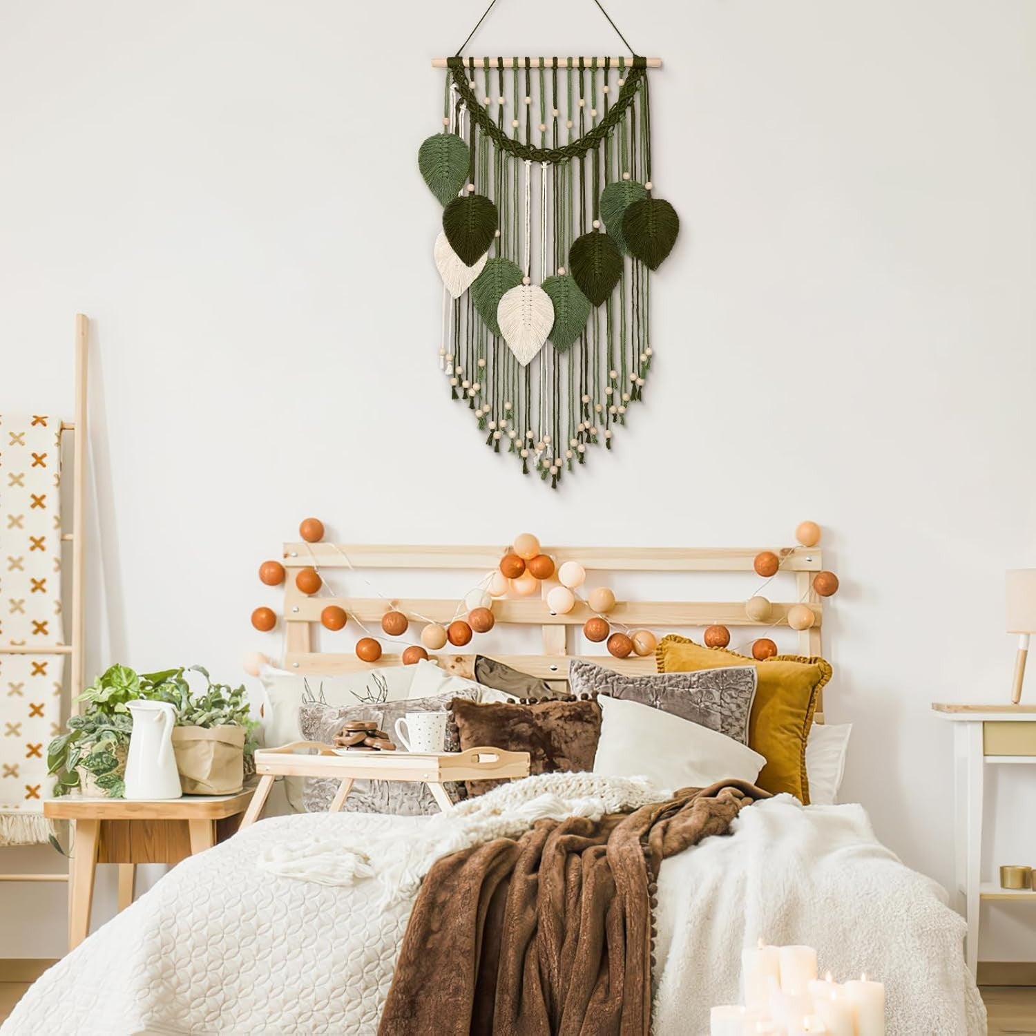 Macrame Wall Hanging Boho Leaf Woven Decor Green & White
