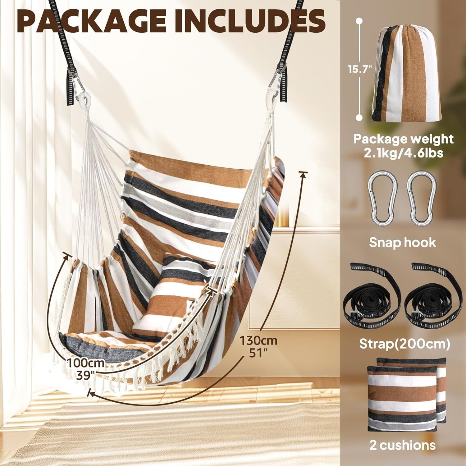 Brown Striped Hammock Chair with 2 Cushions & Straps | 500lbs Indoor Outdoor