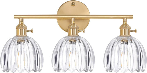 3-Light Clear Glass Wall Sconce Vanity Light Brass Fixture for Bathroom