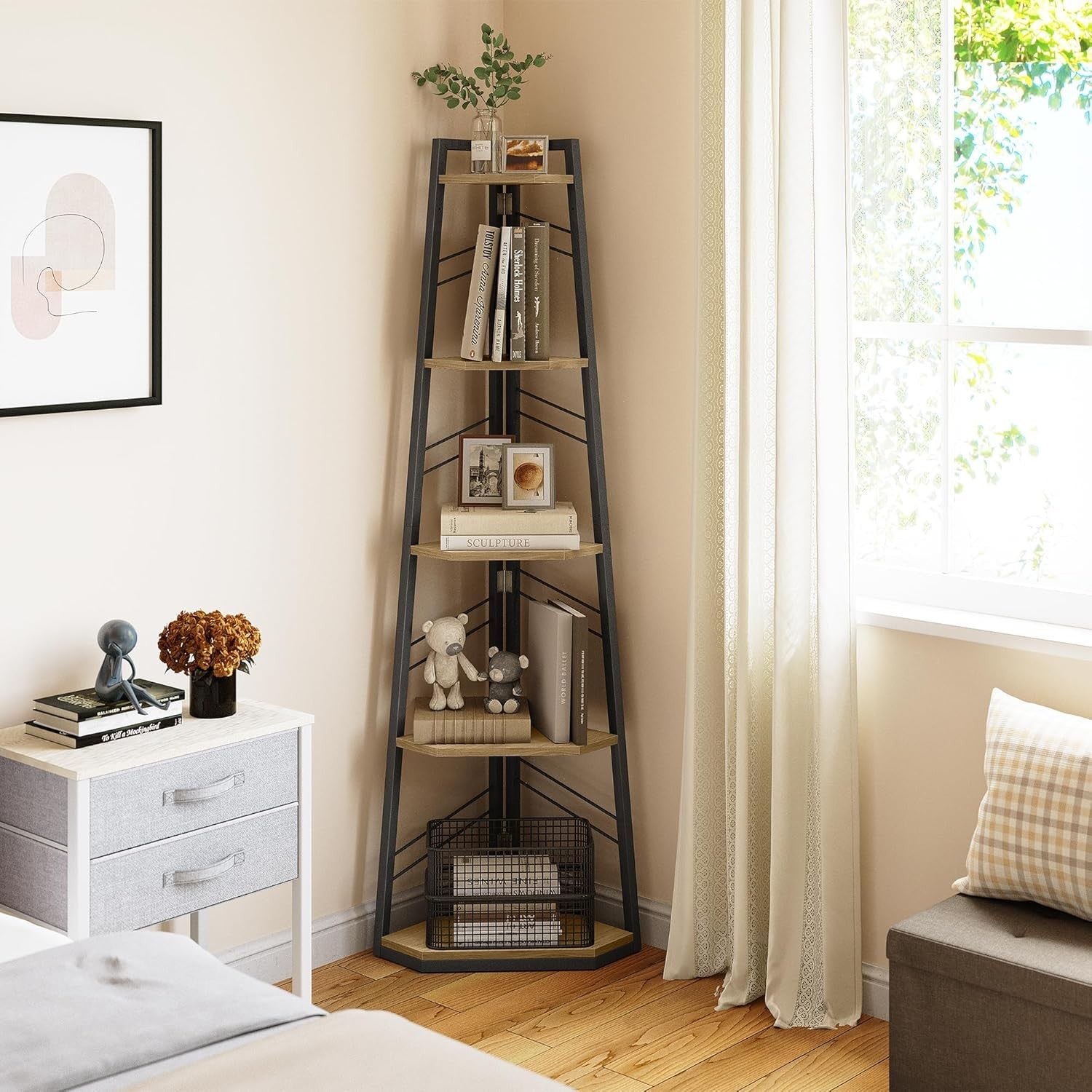 5-Tier Corner Bookshelf Industrial Ladder Shelf Tall Slim Display Unit for Home