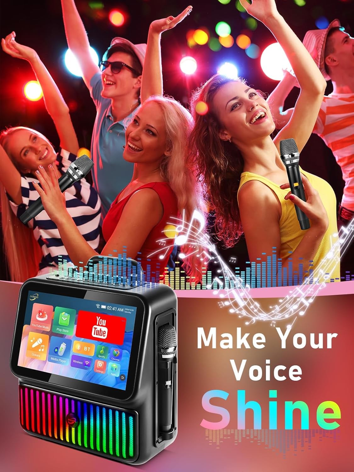 Portable Bluetooth Karaoke Machine 2 Wireless Mics DJ Lights
