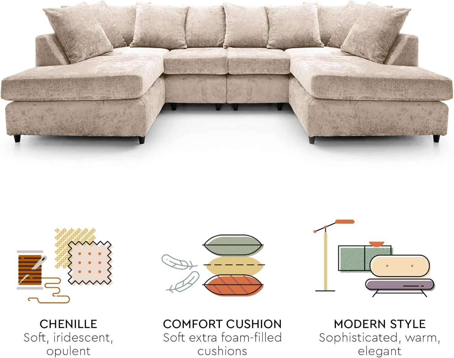 U-Shaped Sofa Cream Chenille w/ Cushions + Footstool | 280x164x90cm Modern