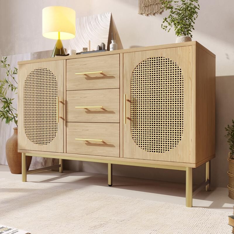 Rattan Sideboard Storage Cabinet Oak 2 Door 3 Drawer Hallway Unit