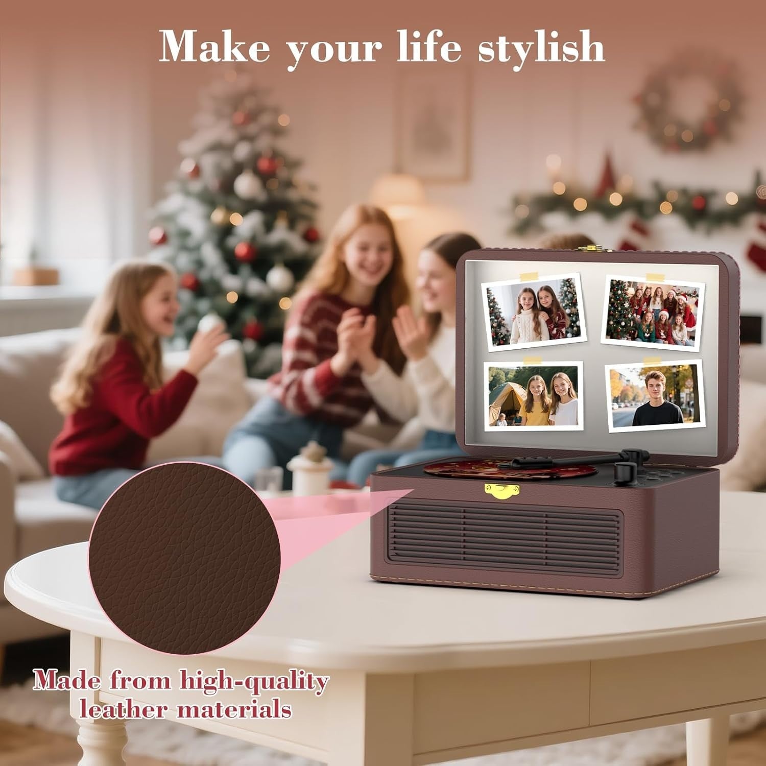 Retro Bluetooth CD Player FM Radio USB AUX HiFi Speakers Brown PU