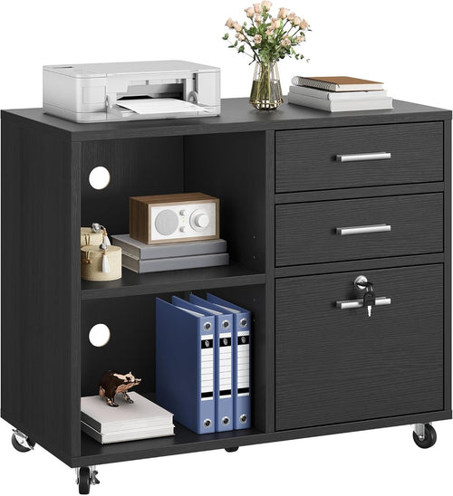 Black Rolling File Cabinet 80x40x65cm 3 Drawer Printer Stand