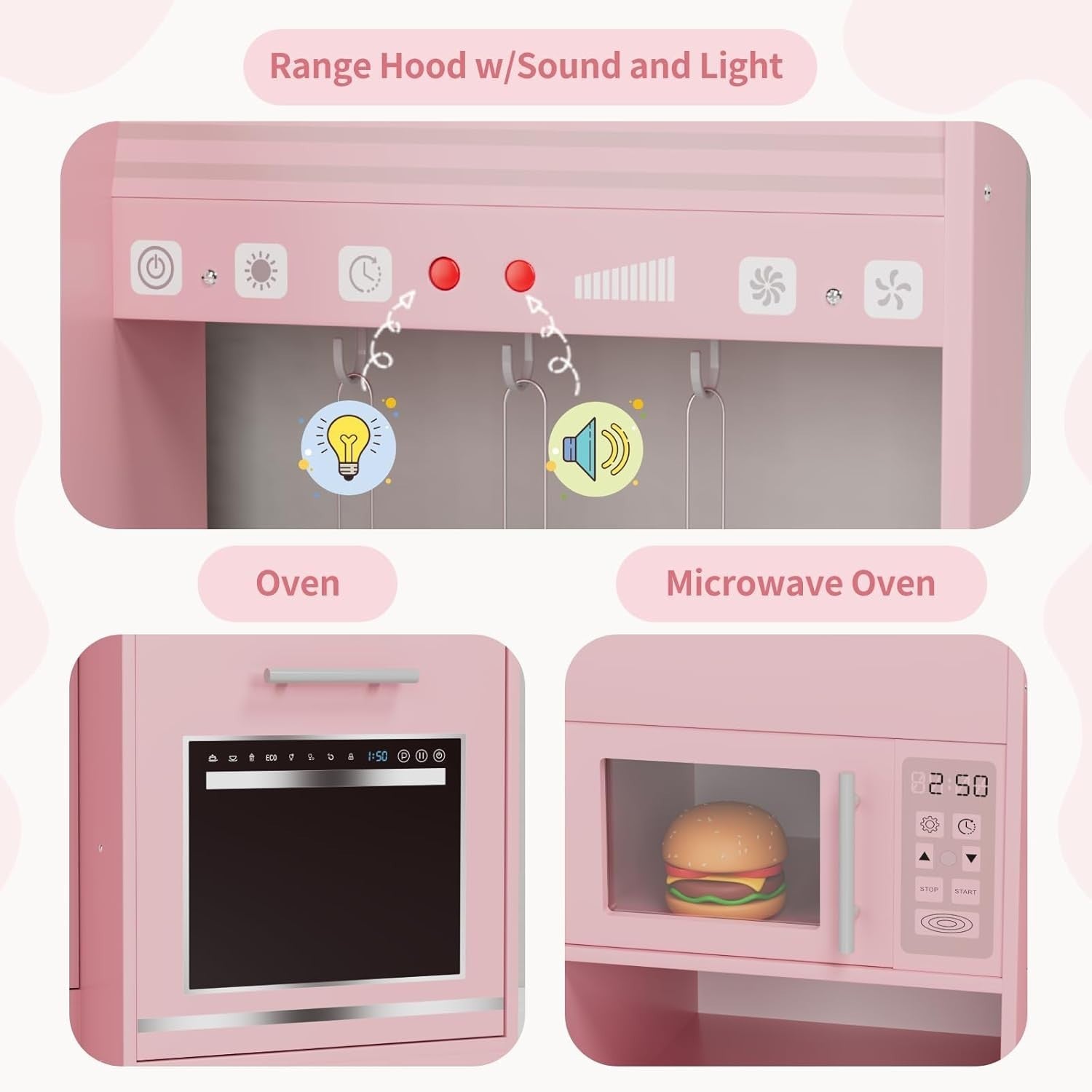 Large Wooden Kids Play Kitchen Pink Lights Sounds Toy Cooking Set