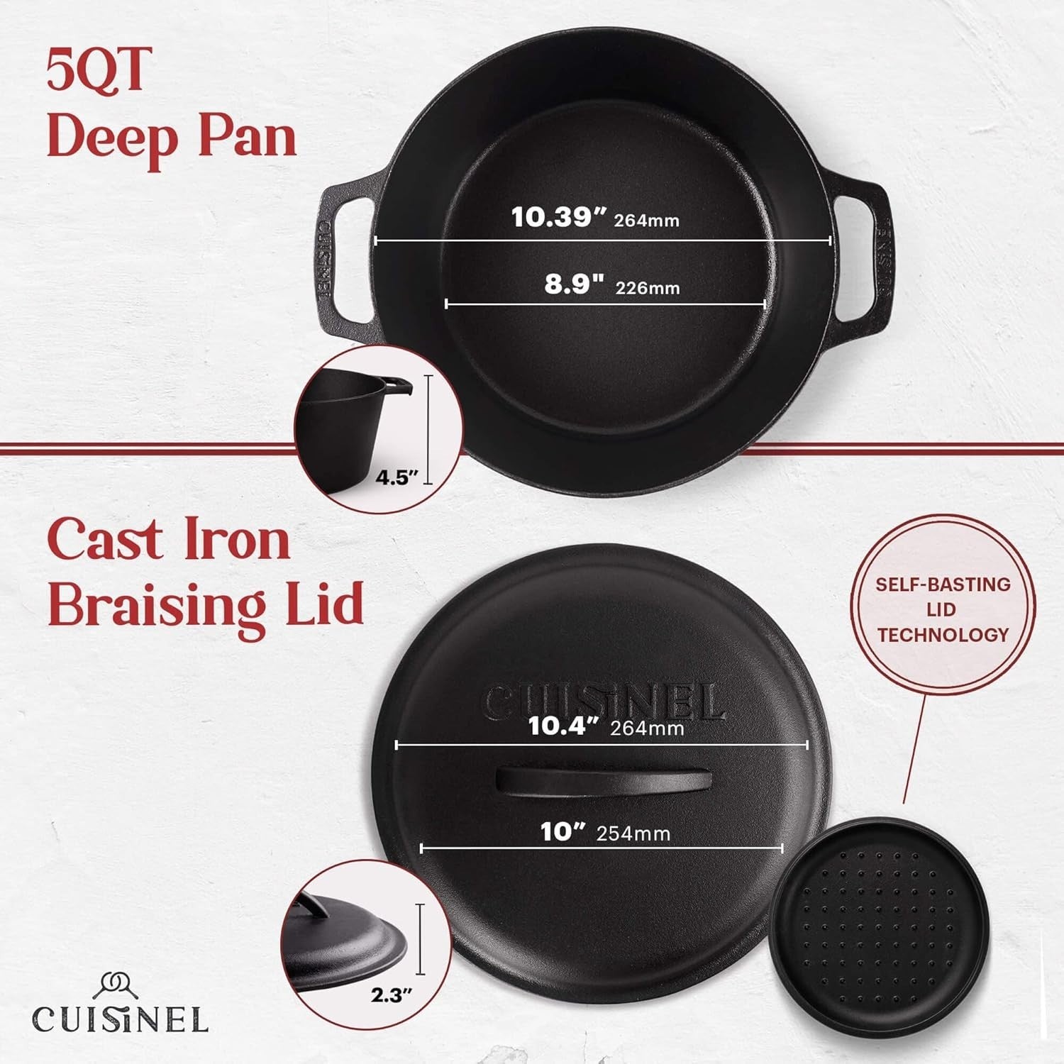 5 Quart Cast Iron Dutch Oven Pre Seasoned Deep Pot Braiser Lid Set