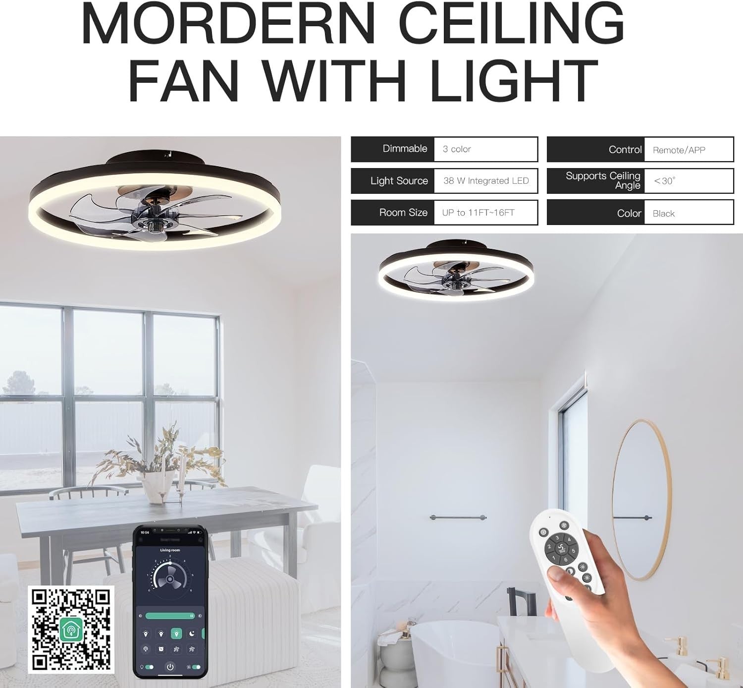 STERREN 20" Bladeless Ceiling Fan with Light, Remote & APP, Flush Mount