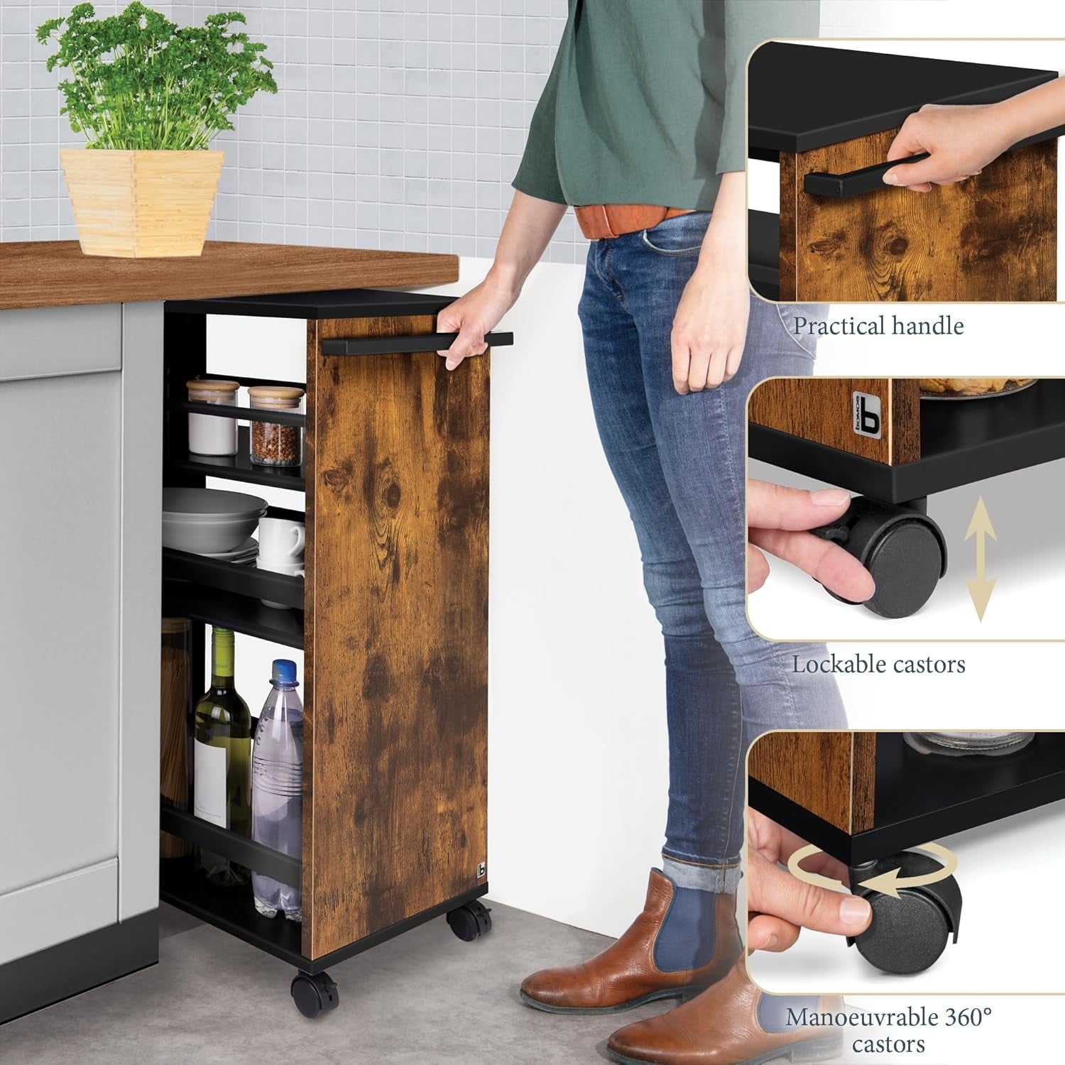 Kitchen Cart Trolley on Wheels 3 Tier Adjustable Shelves Wooden