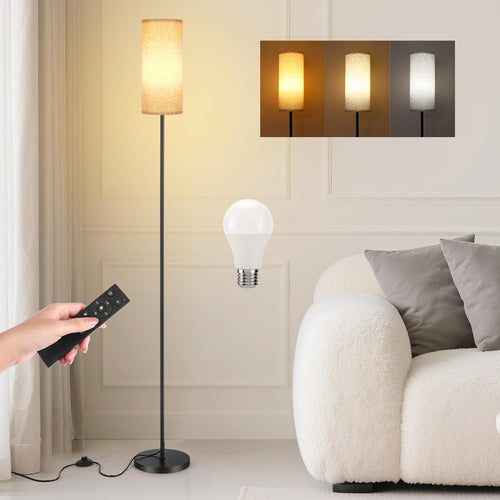 Dimmable Floor Lamp Beige Linen Shade Remote Foot Switch Modern Standing Light
