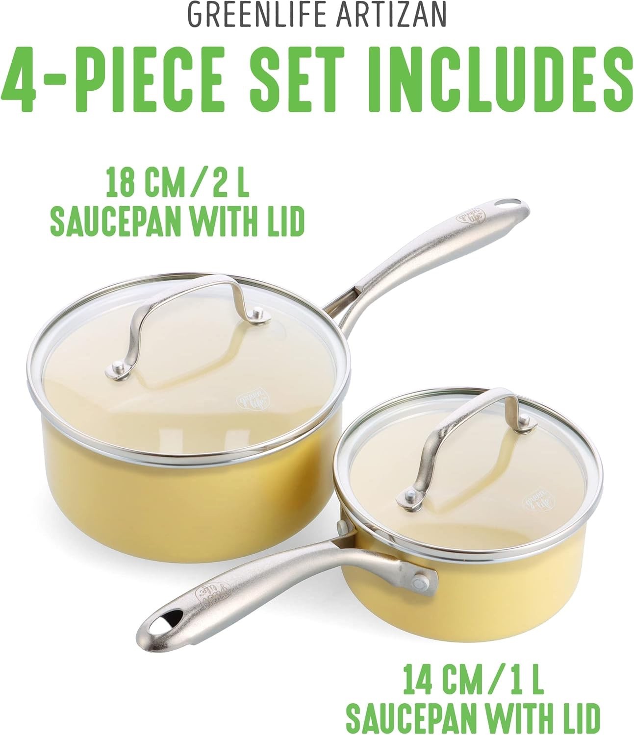 2Pcs Yellow Ceramic Saucepan Set Non Stick 14cm 18cm With Lids Induction Safe