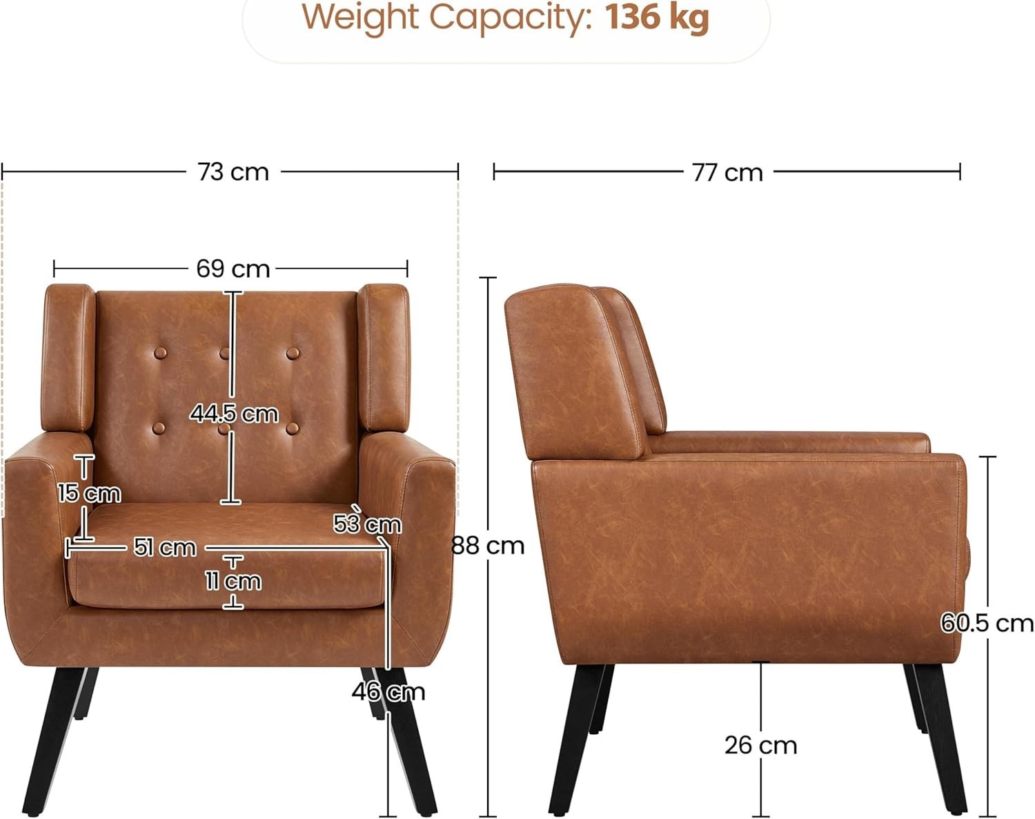 Set of 2 Retro Brown PU Leather Armchairs with Button Tufted Cushions