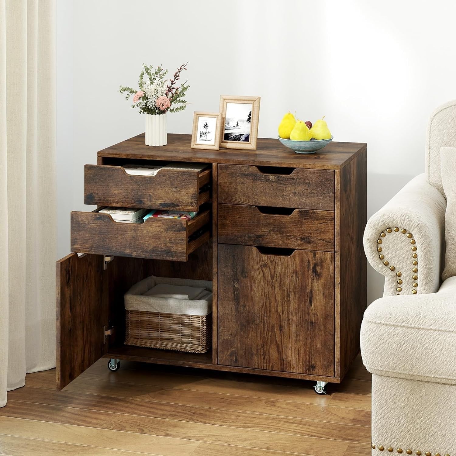 Rustic Mobile File Cabinet 4 Drawer 2 Door Rolling Printer Stand