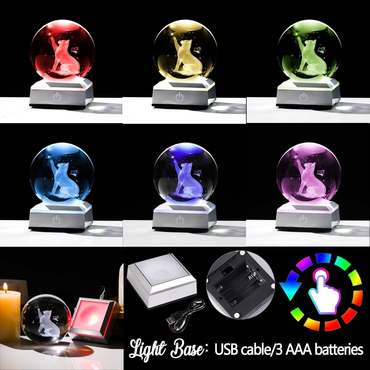 3D Crystal Cat & Butterfly LED Light Ball 80mm Glass Ornament Gift for Cat Lover