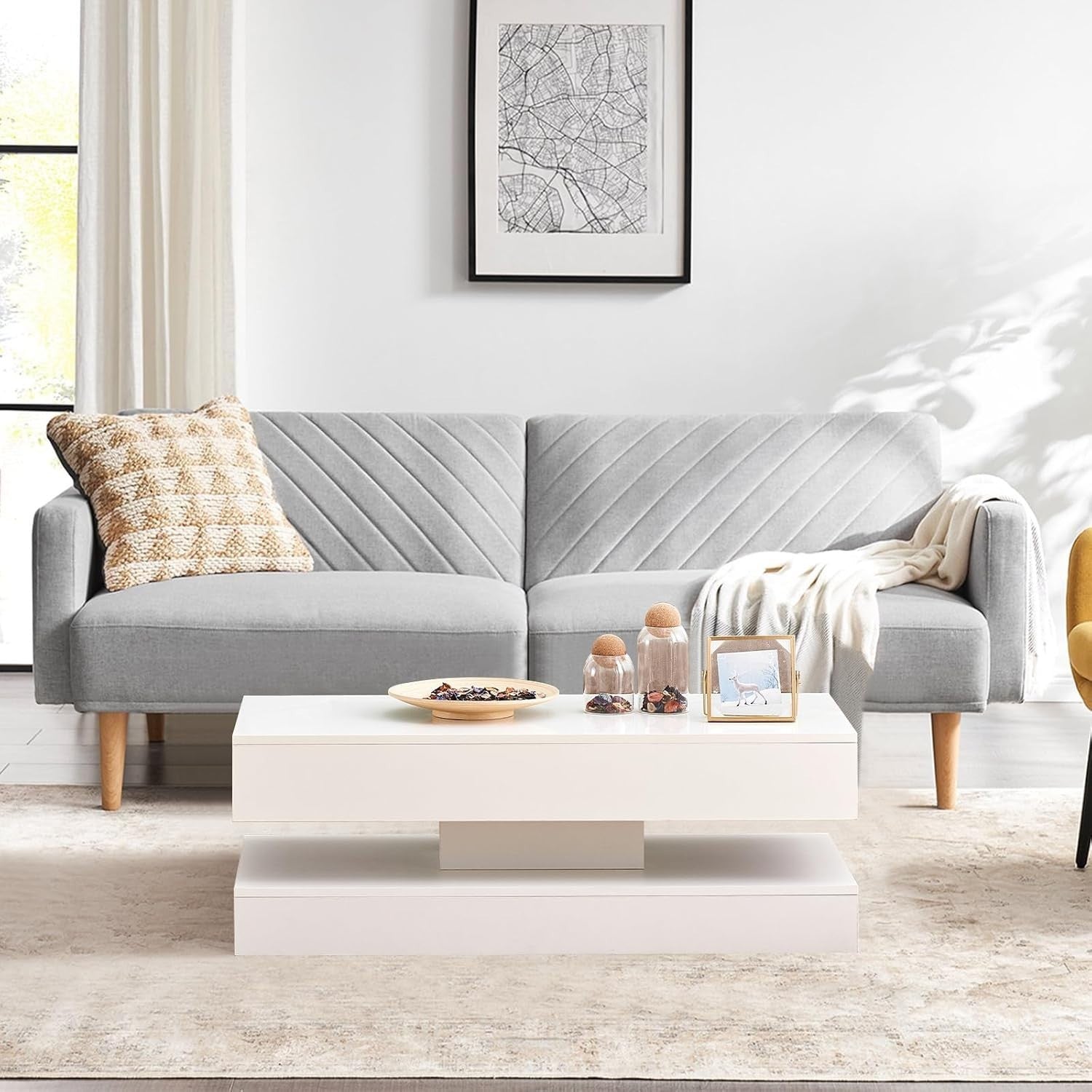 White LED Coffee Table High Gloss 2 Drawer Storage Modern Living Room