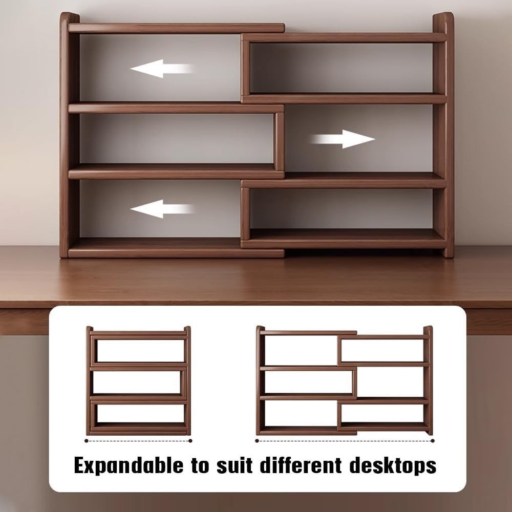 Expandable 3-Tier Wood Desktop Bookshelf | Adjustable Brown Desk Storage 30–60cm