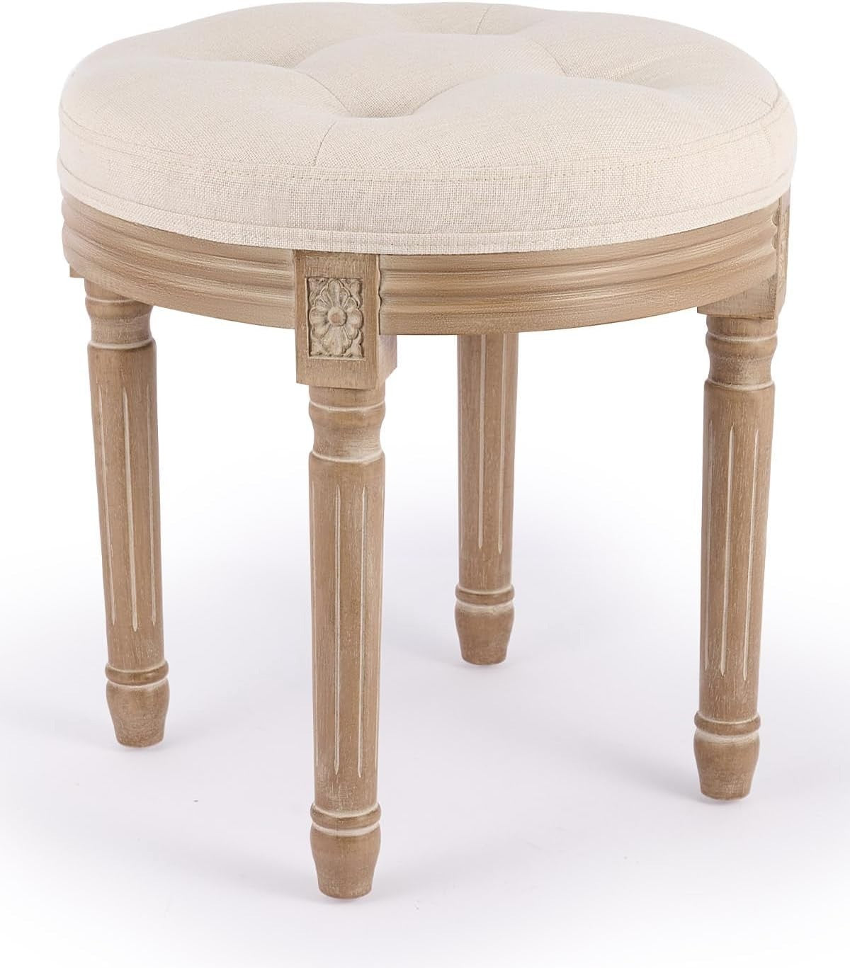 Round Vintage Ottoman Stool Tufted Upholstered Cushion Seat 45cm Beige