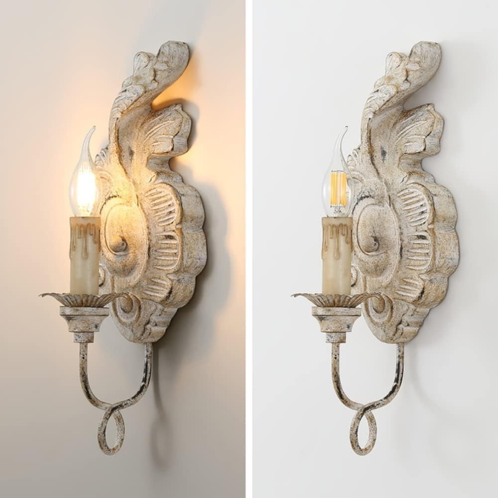 Vintage White Wood Wall Sconce, French Country Candle-Style Light