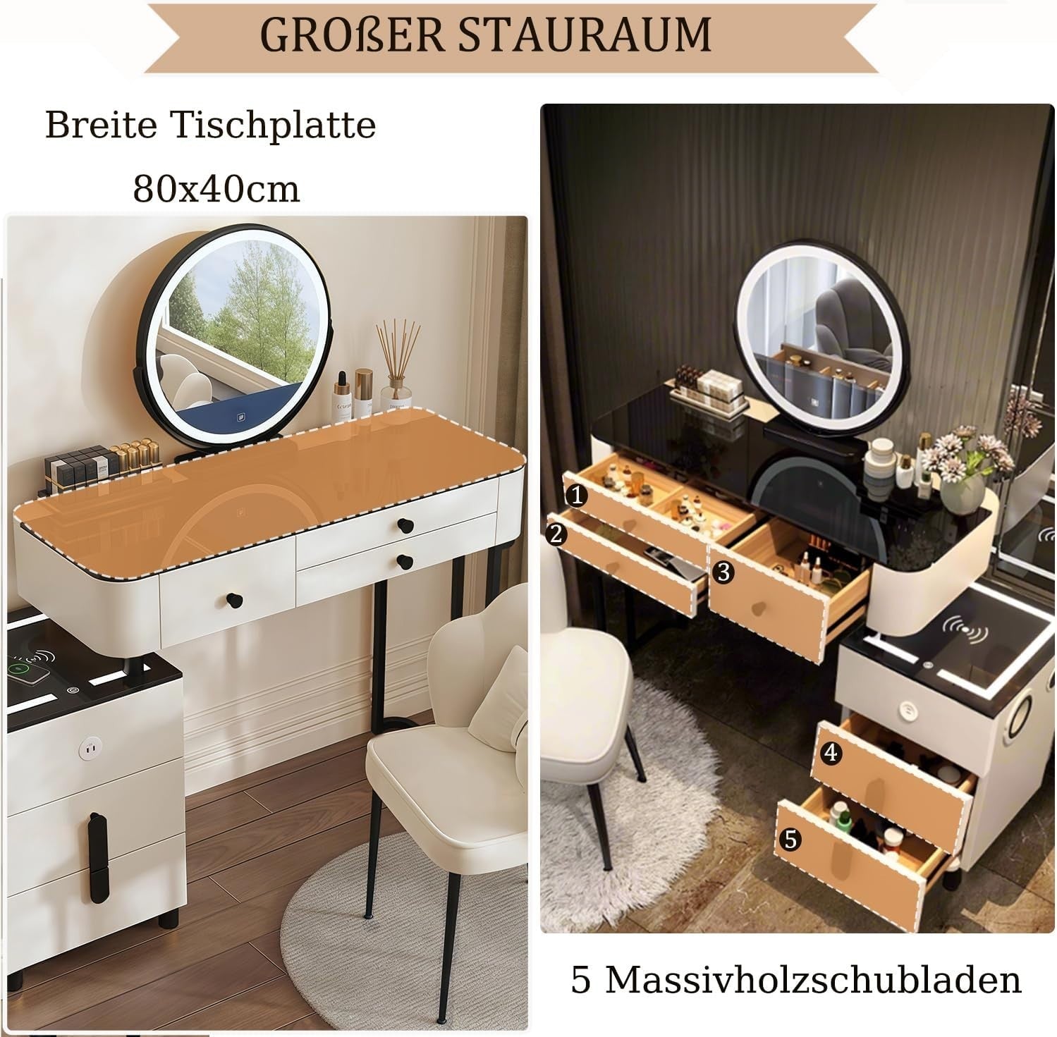 Smart Makeup Vanity Dressing Table Desk w/ 3-Color LED Mirror & Wireless Charge