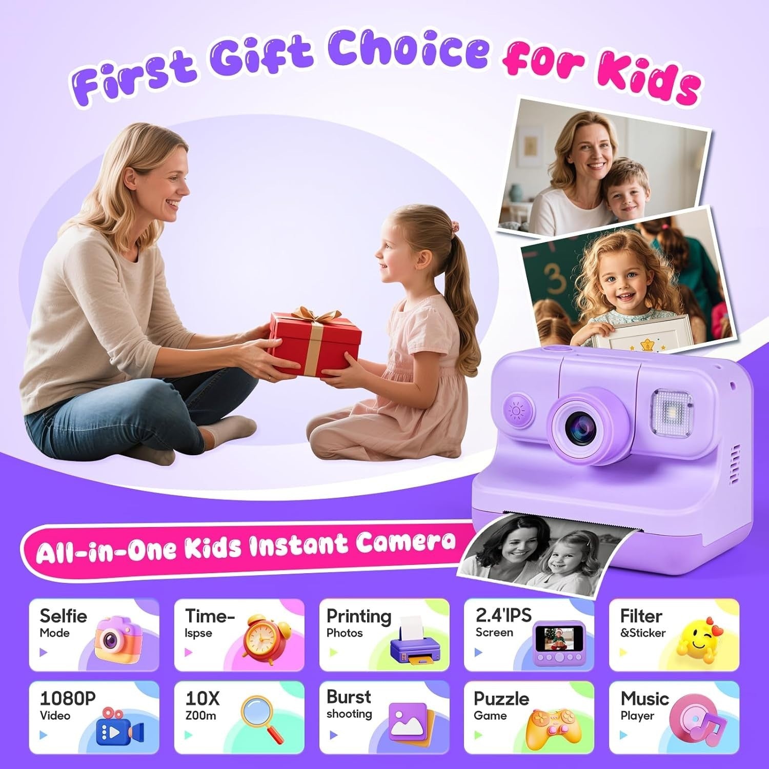 Kids Instant Print Camera 30MP 32GB Card 4 Paper Rolls Purple Kit
