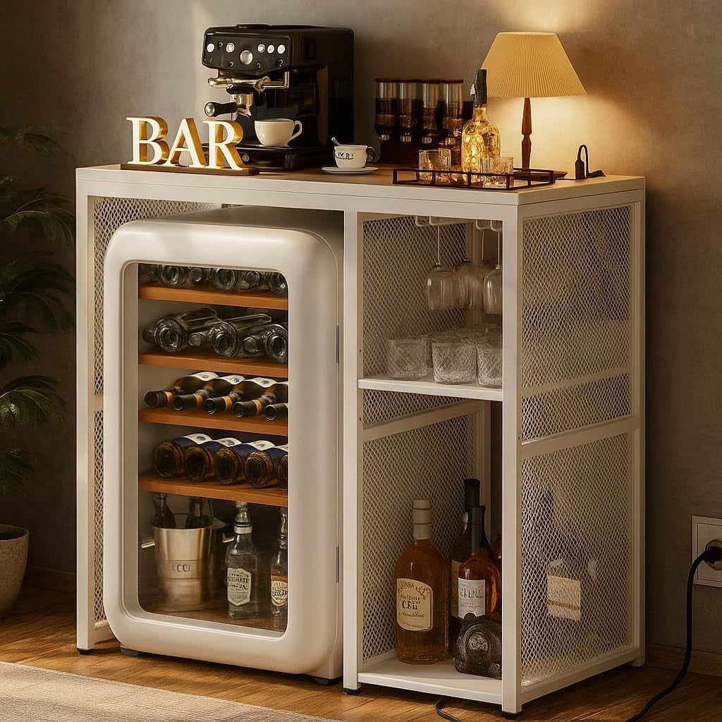 Mini Fridge Stand with Power Outlets Wine Bar Storage Cabinet White Industrial