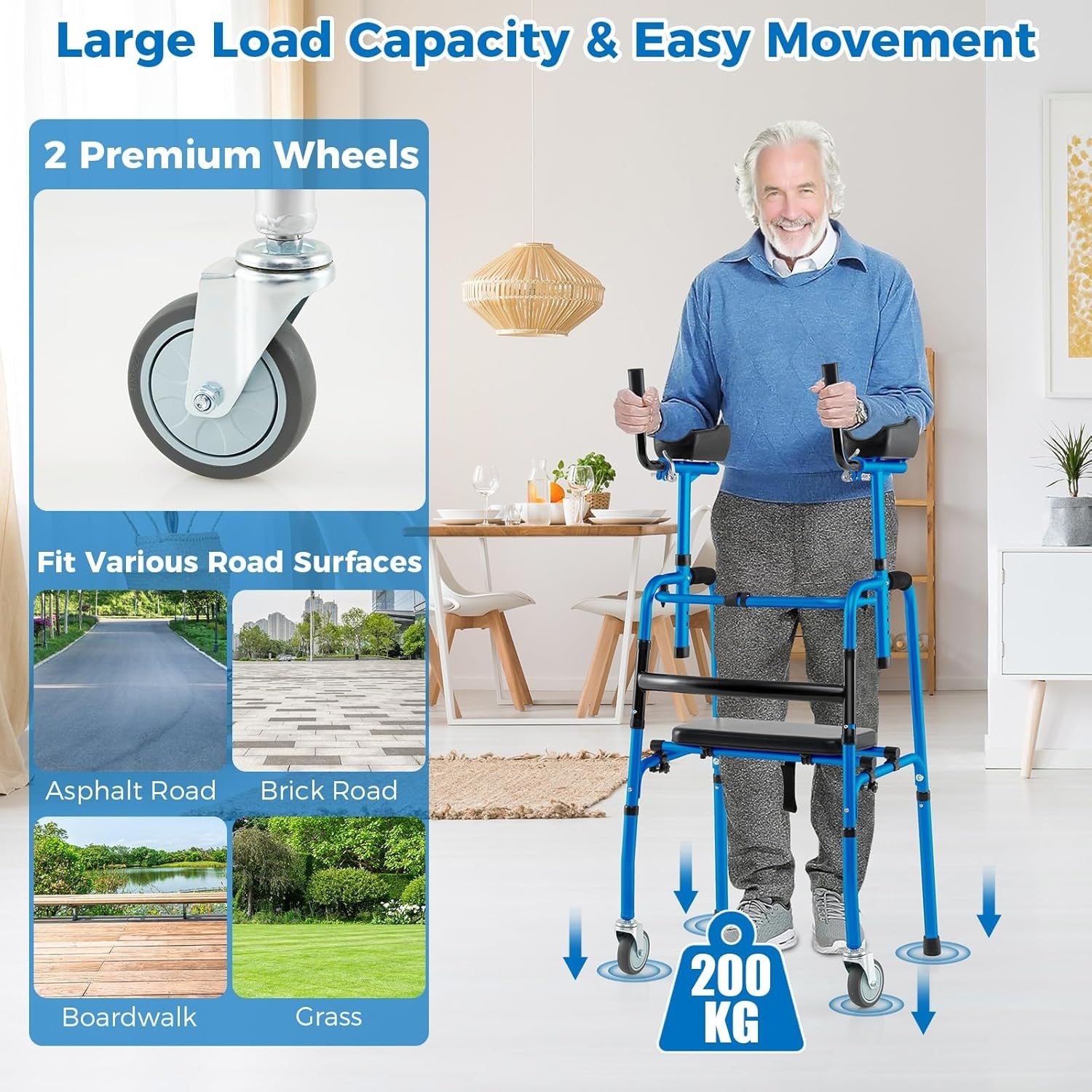 Height Adjustable Rollator Walker with Armrests Folding Walking Aid Wheels