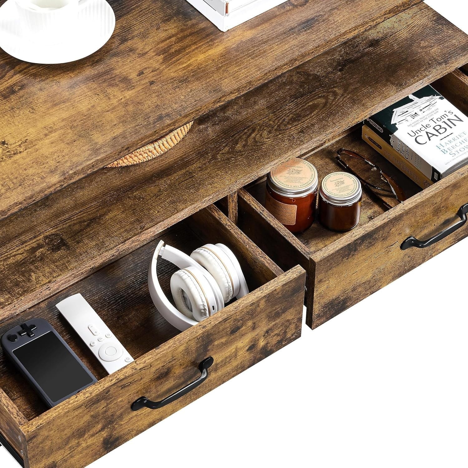 Industrial Coffee Table with Storage Drawers, Rustic Wood, Metal Frame 100cm