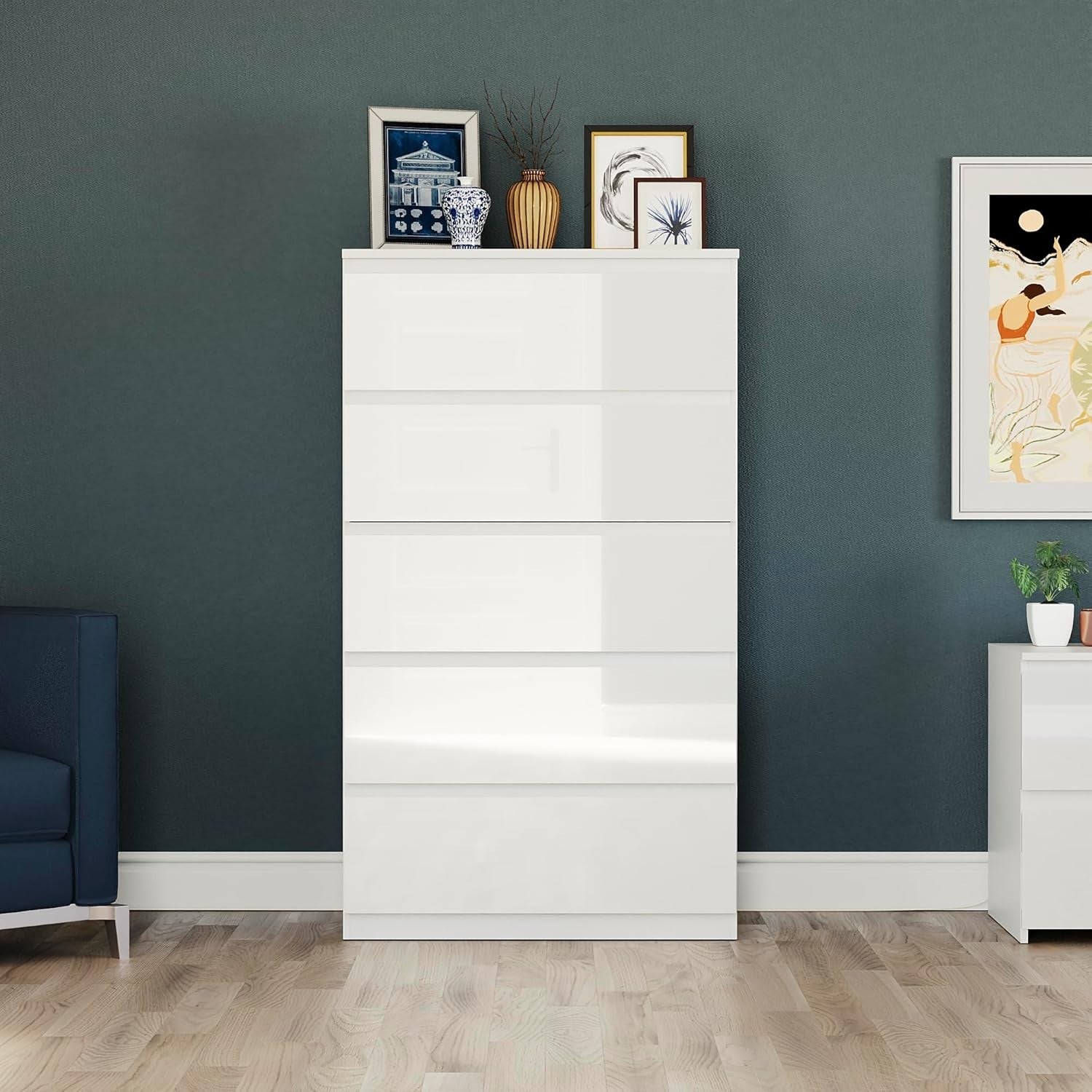 White Gloss 5 Drawer Chest Tall Bedroom Storage Cabinet 112cm Modern