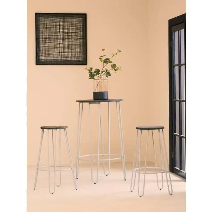 3Pc Bar Table and Stool Set Elm Wood Top Hairpin Legs Industrial Style