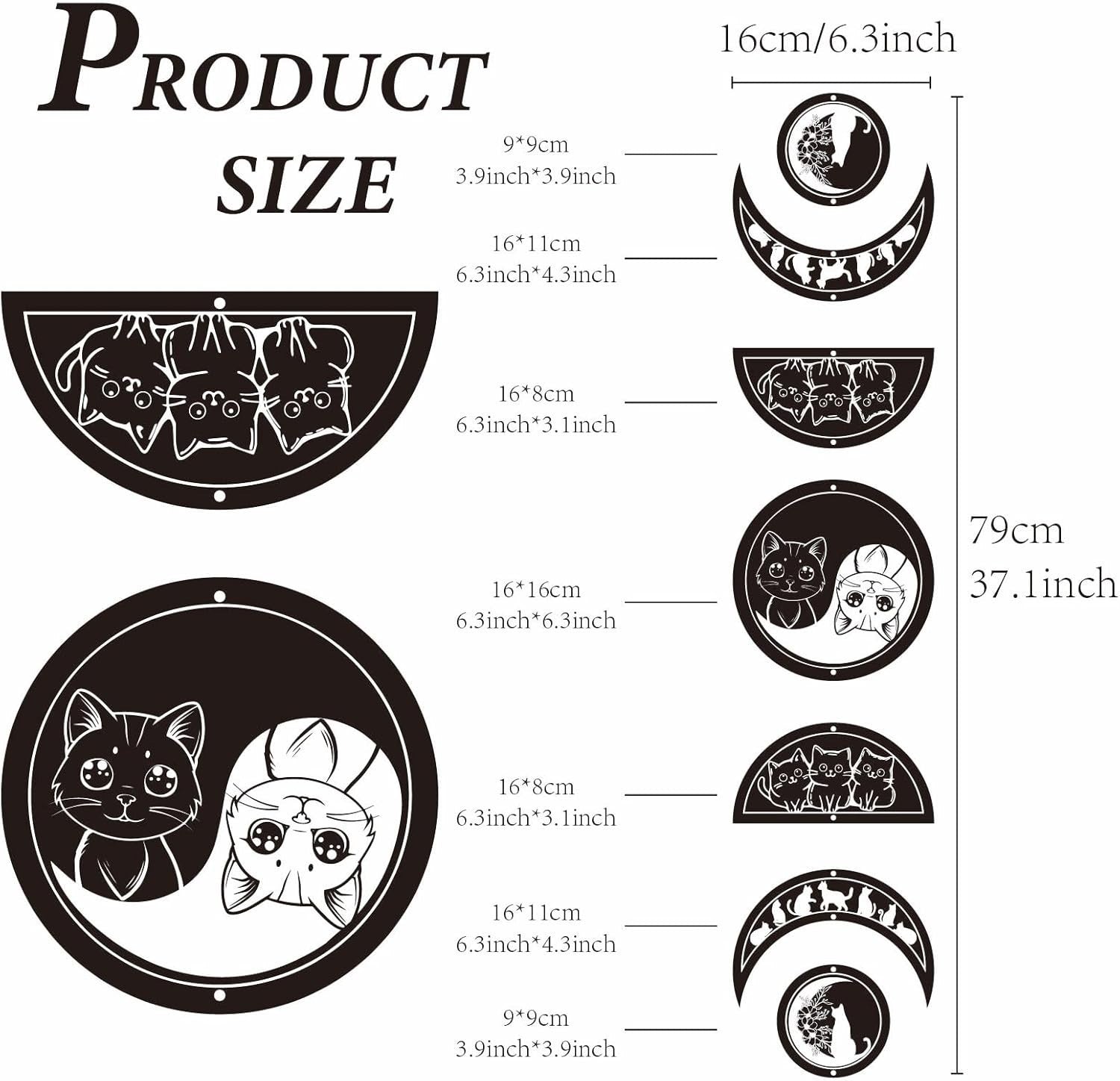Moon Phase Wall Decor Wooden Boho 7-Piece Cat Yin Yang Art