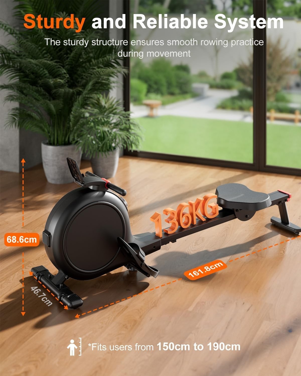 32-Level Magnetic Rowing Machine Quiet Belt Drive Rower LCD App Home Gym 136KG