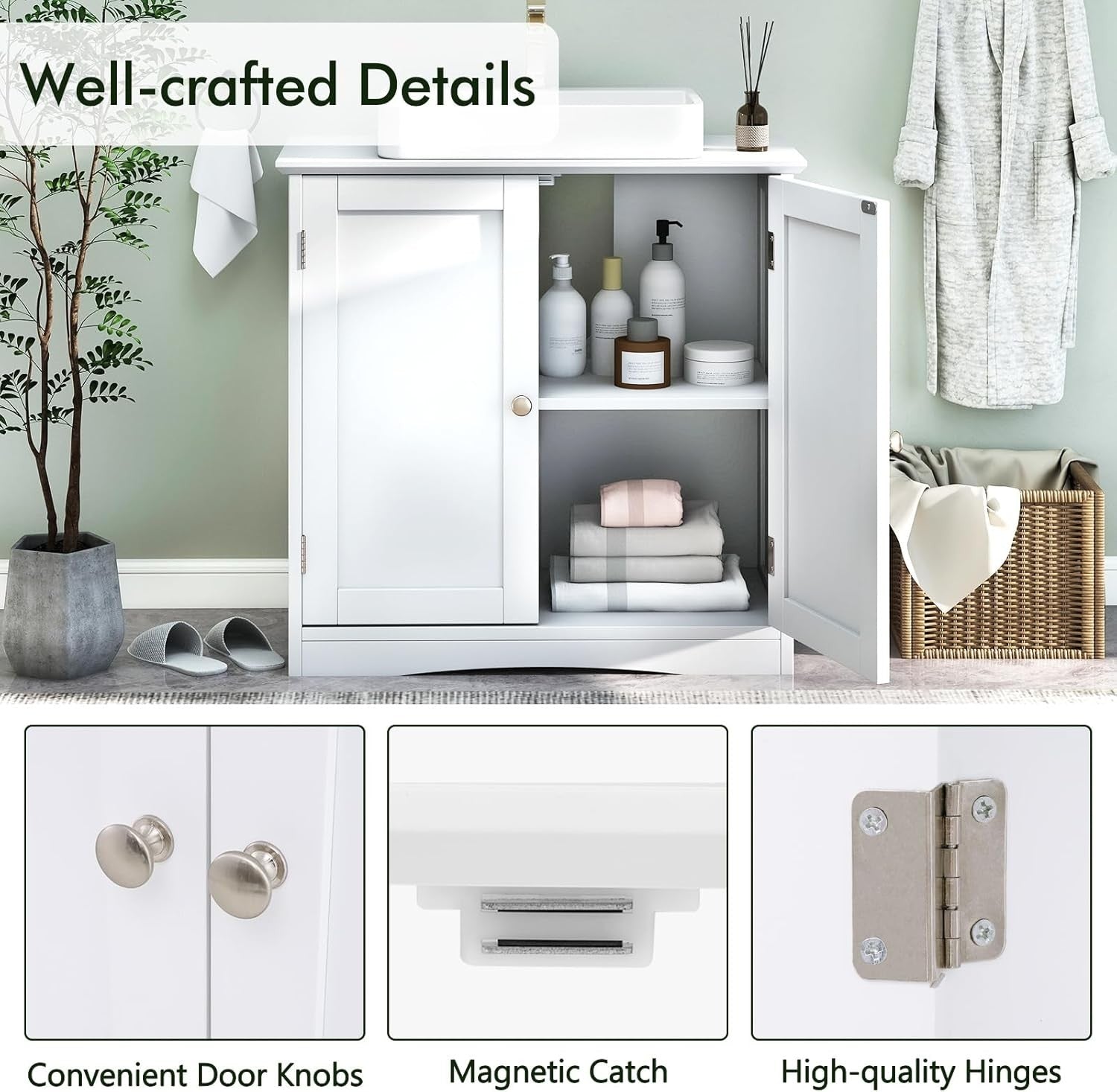 White Under Sink Bathroom Cabinet with 2 Doors & Shelf – Freestanding Storage Un