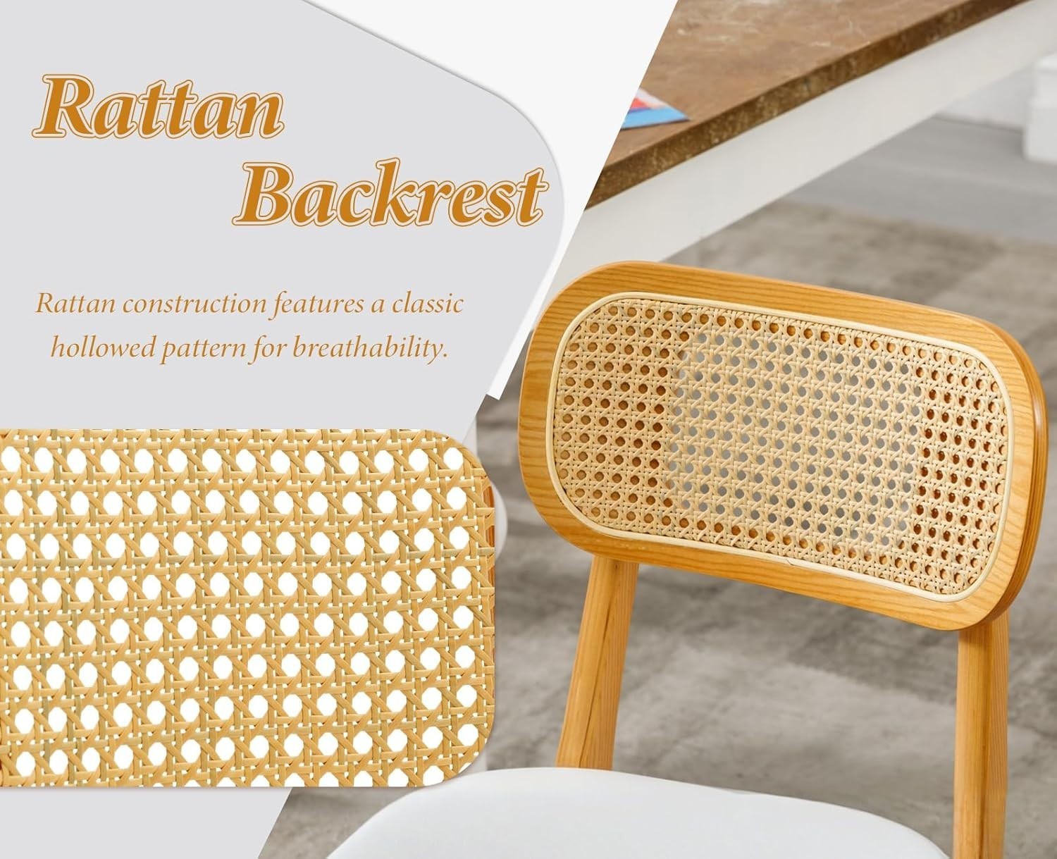 White PU Leather Dining Chairs Set of 2 Wooden Frame Rattan Back Kitchen
