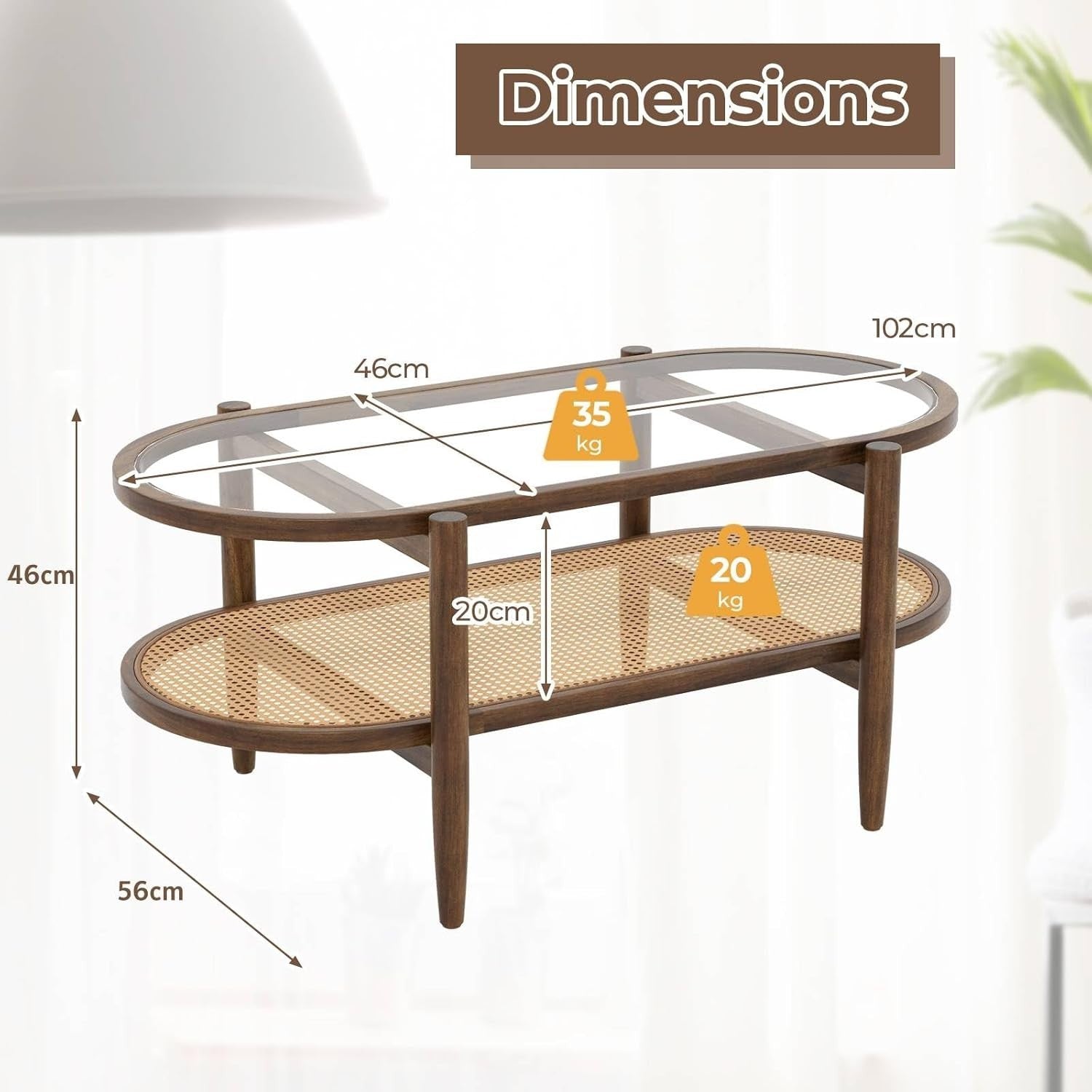 Glass Coffee Table with Rattan Shelf, 2-Tier Wood Frame, 102x56x46cm