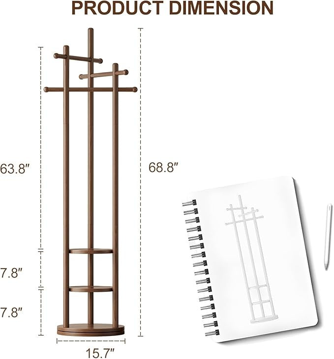 Walnut Wooden Coat Rack Stand | 3 Shelves Rotating 9 Hooks Hall Tree Organiser