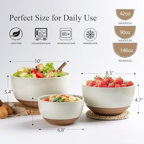 3-Piece Light Beige Ceramic Mixing Bowls Set Nesting Microwave & Dishwasher Safe