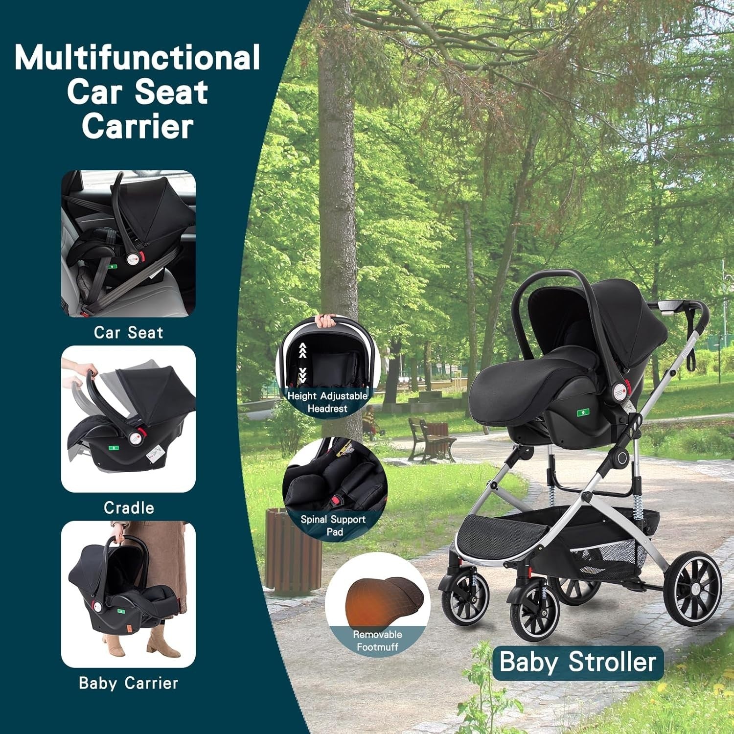 3 in 1 Baby Stroller Travel System Pushchair Carrycot Car Seat Grey