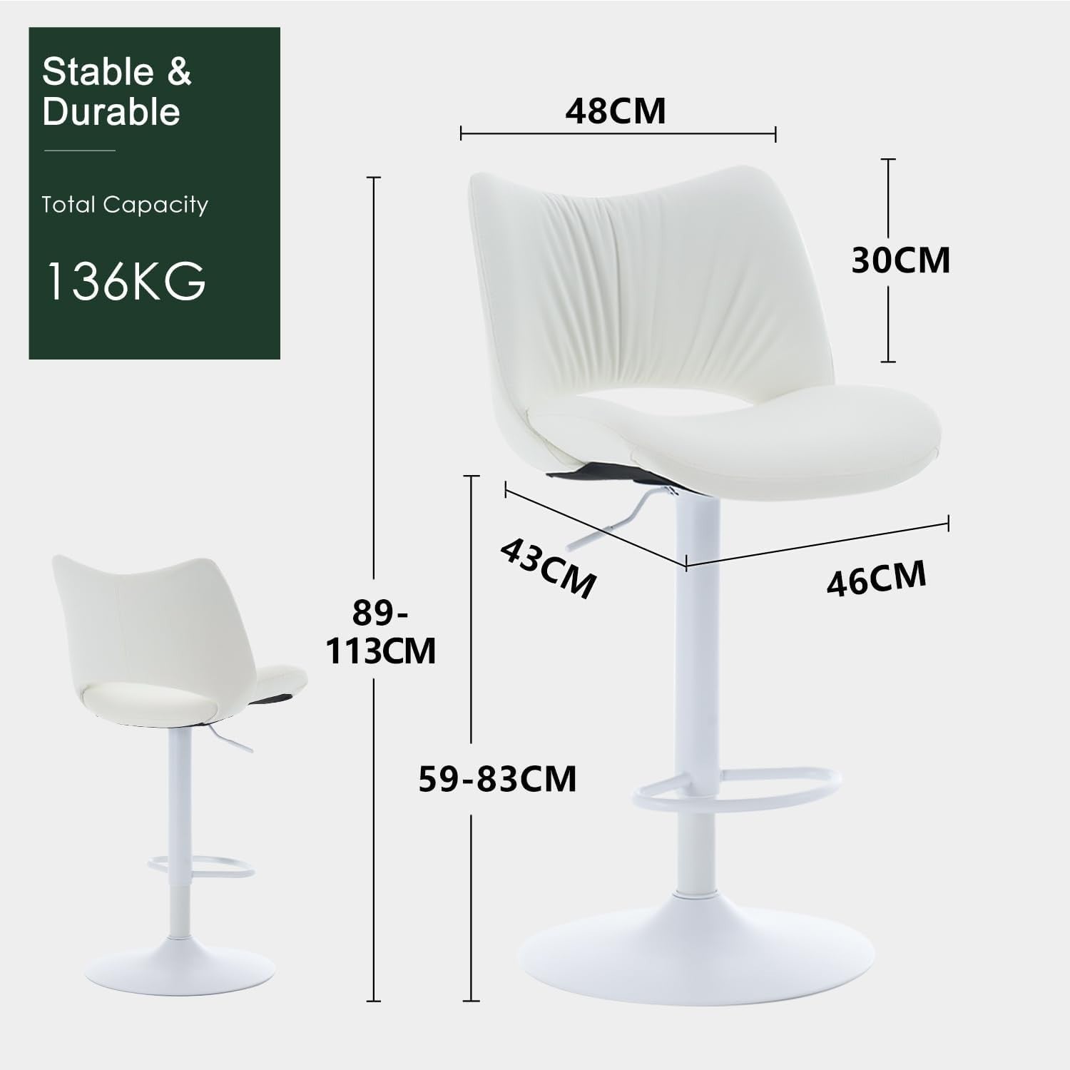 Adjustable Bar Stool 1pc White PU Leather Swivel Counter Kitchen Chair