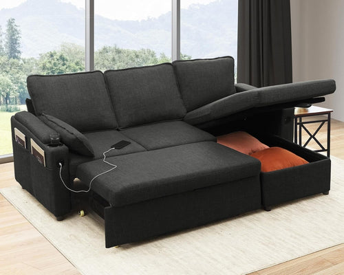 Pull Out L Shape Sofa Bed Storage USB Cup Holder Dark Grey 3 Seater Couch