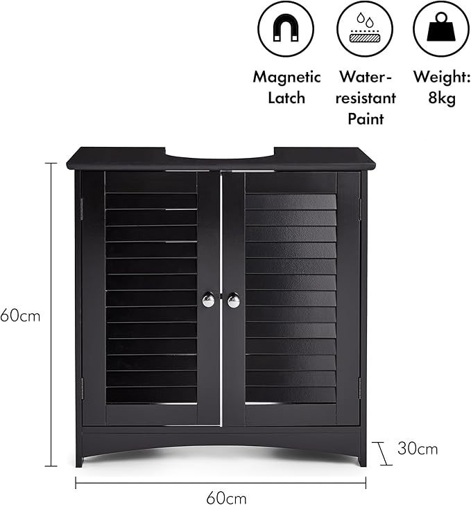 Black Under Sink Bathroom Cabinet 60cm Vanity Unit with Shelves Shutter Doors