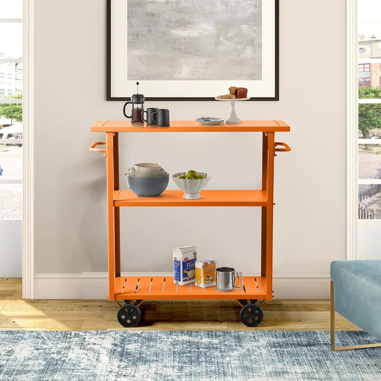 Industrial Bar Cart on Wheels 3 Tier Metal Serving Trolley with Handle