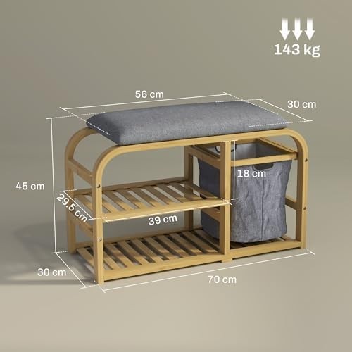 Natural Bamboo Shoe Storage Bench with Cushion & Basket 2 Shelves Entryway