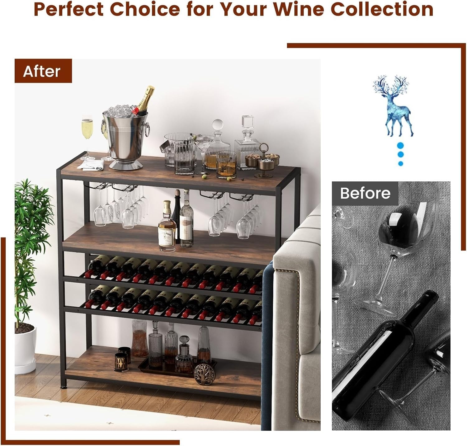 5-Tier Wine Rack Table with Glass Holder, Rustic Bar Shelf Storage Unit